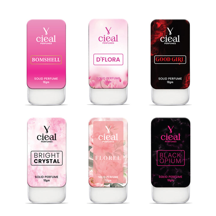 CIEAL SLIDING SOLID PERFUME – SET OF 6-4 INSPIRED BY BOMBSHELL, D FLORA, GOOD GIRL, BRIGHT CRYSTAL, GUCCI FLORA & BLACK OPIUM.